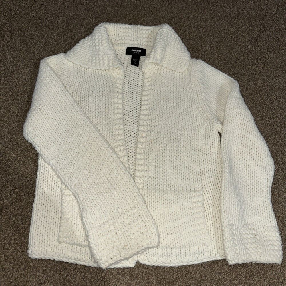 Express Handknit Women Cardigan Chunky Wool Blend‎ Classic Cozy Casual Core Sz L